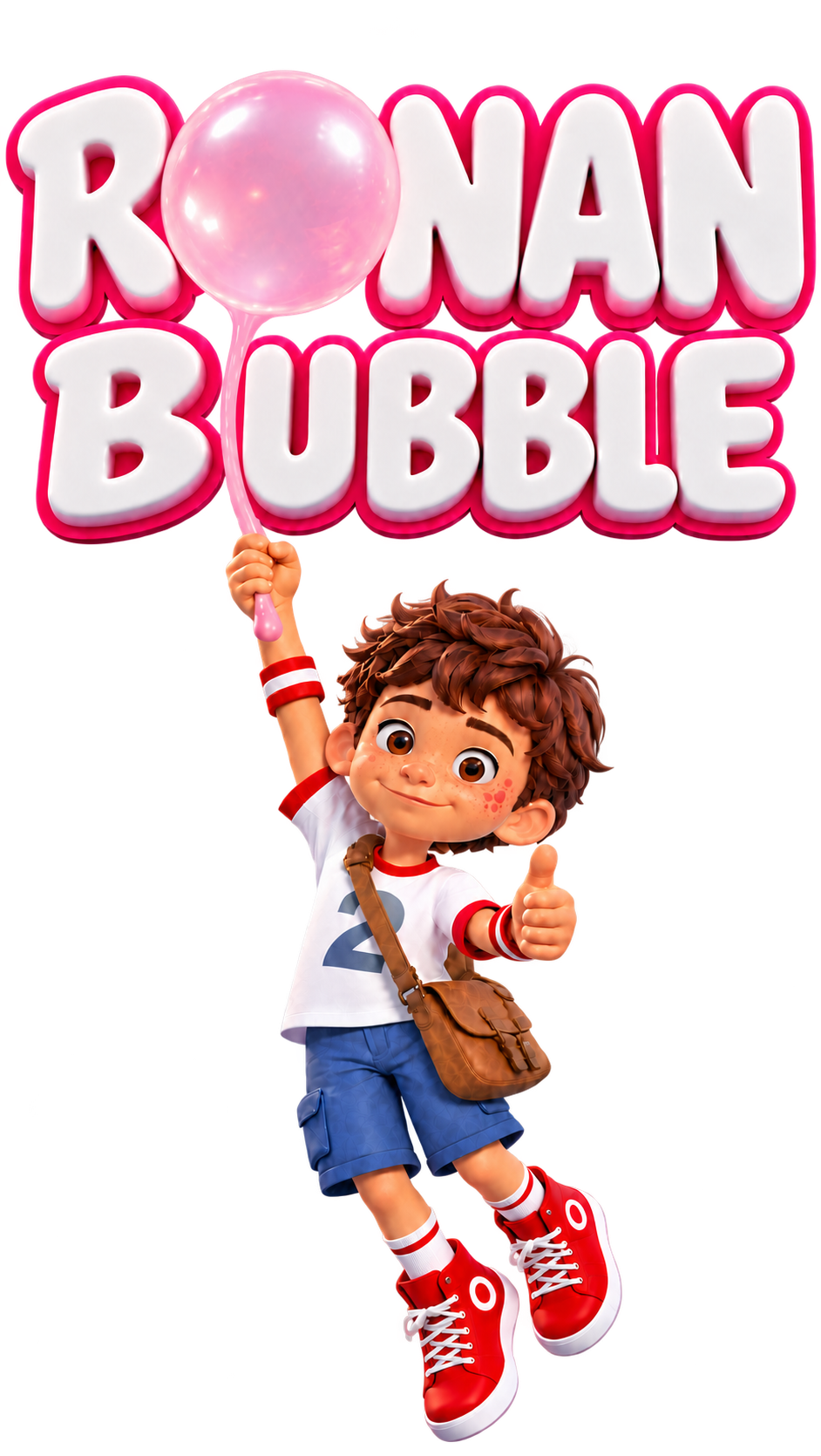 Ronan Bubble, floating by a pink bubble and giving a thumbs-up